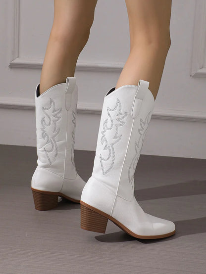 Cowboy Heel Boots with Leaf Embroidery