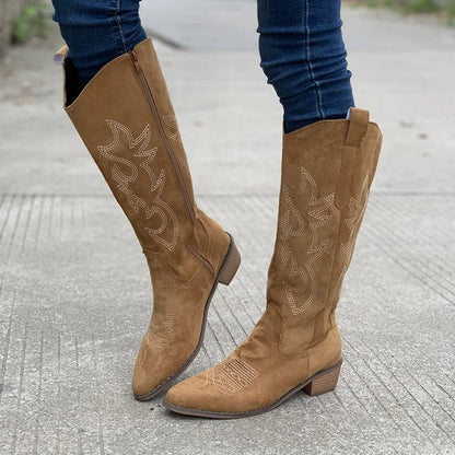 Suede Cowboy Boots with Embroidery
