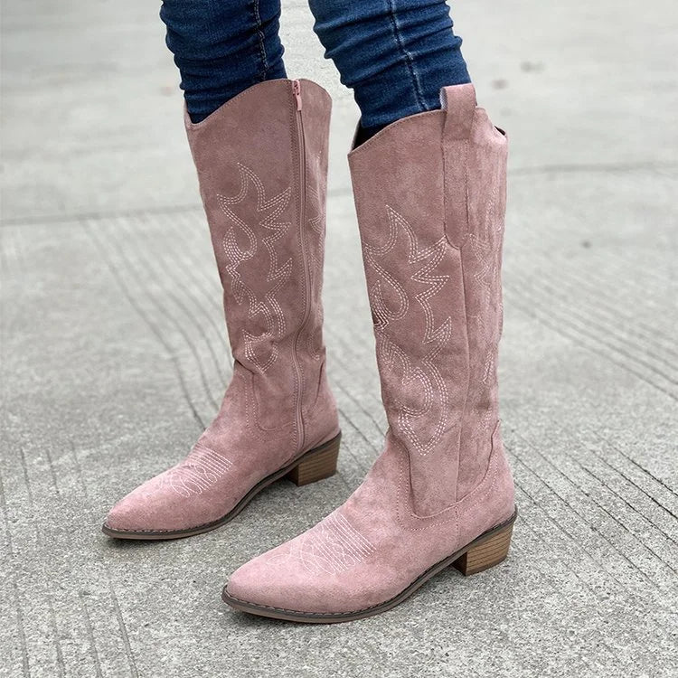 Suede Cowboy Boots with Embroidery