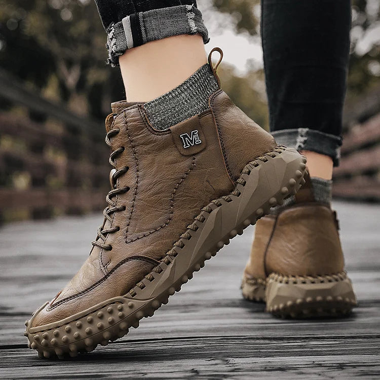 Men Ankle Boots Winter Warm Snow Boots Thick Plush Men Handmade Leather Boots Outdoor Waterproof Work Boots