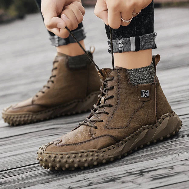 Men Ankle Boots Winter Warm Snow Boots Thick Plush Men Handmade Leather Boots Outdoor Waterproof Work Boots