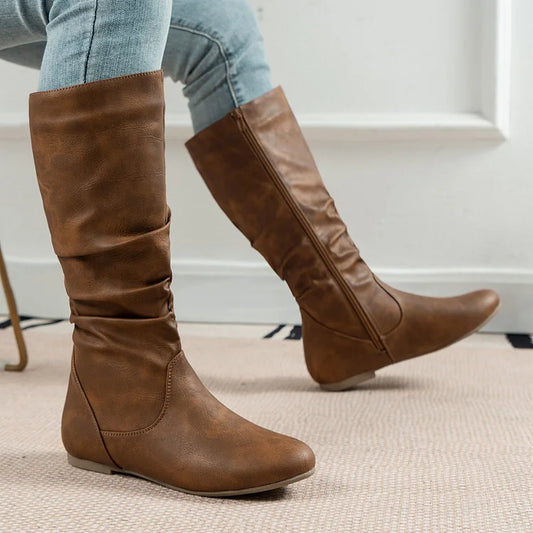 Womens Boots PU Pleated Flock Fuzzy Low-heeled Boots for Women Solid Color Elegant Mid-Calf Boots