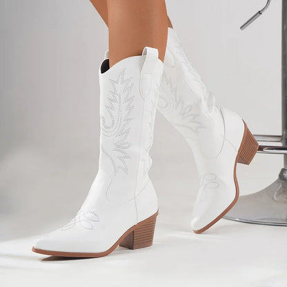 Cowboy Heel Boots with Leaf Embroidery