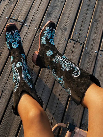Suede Cowboy Boots With Blue Embroidery