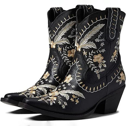 Women's Chunky High Heel Embroidered Ankle Boots