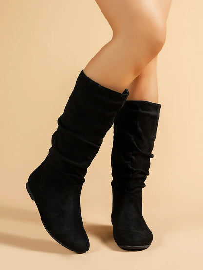 Womens Boots Suede Pleated Flock Fuzzy Low-heeled Boots for Women Solid Color Elegant Mid-Calf Boots