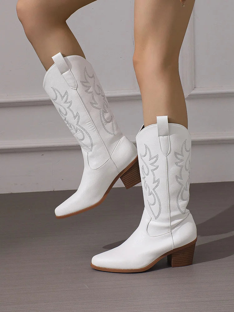 Cowboy Heel Boots with Leaf Embroidery