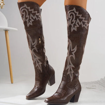 Retro Resort Embroidered Chunky Heel Cowboy Westem Fashion Boots For Women
