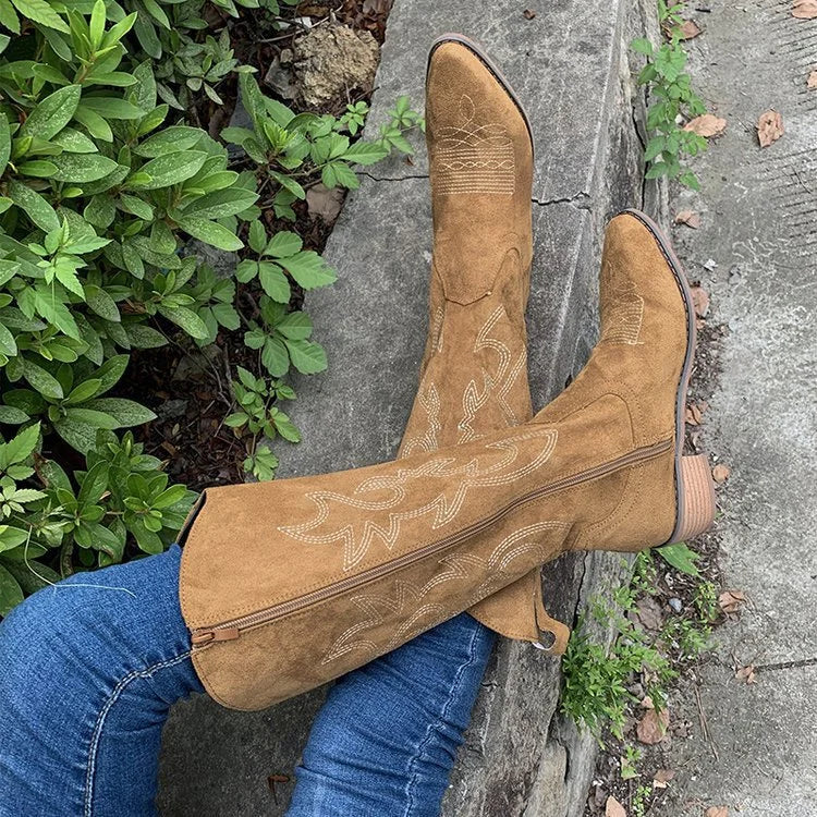 Suede Cowboy Boots with Embroidery