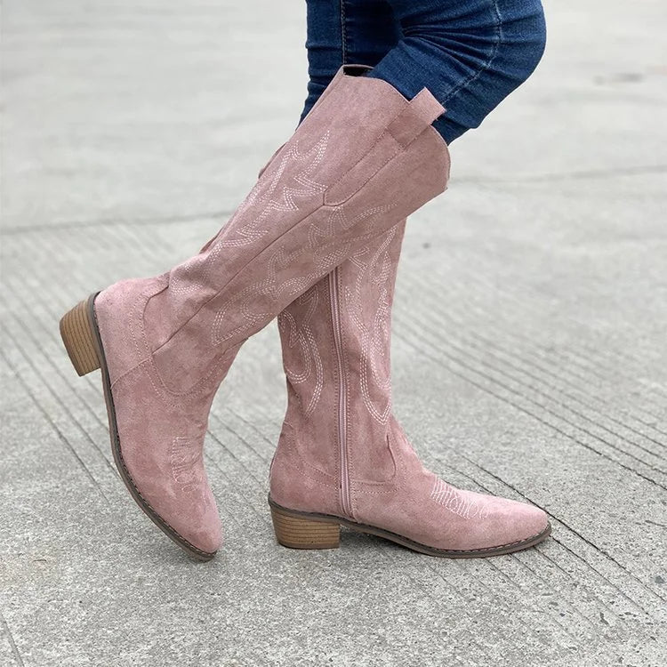 Suede Cowboy Boots with Embroidery