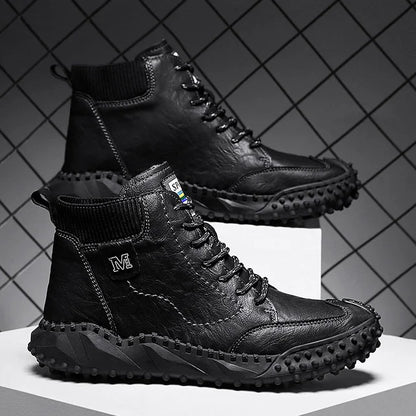 Men Ankle Boots Winter Warm Snow Boots Thick Plush Men Handmade Leather Boots Outdoor Waterproof Work Boots