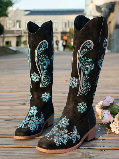 Suede Cowboy Boots With Blue Embroidery