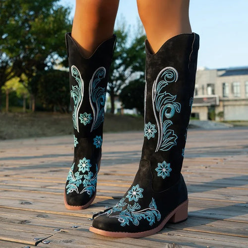 Suede Cowboy Boots With Blue Embroidery