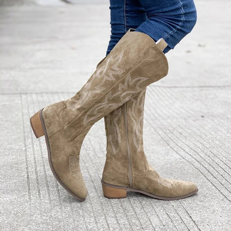 Suede Cowboy Boots with Embroidery