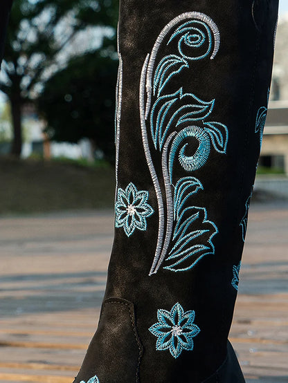 Suede Cowboy Boots With Blue Embroidery