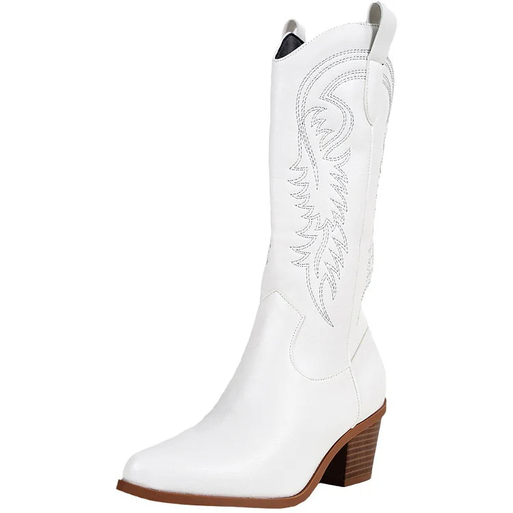 Cowboy Heel Boots with Leaf Embroidery