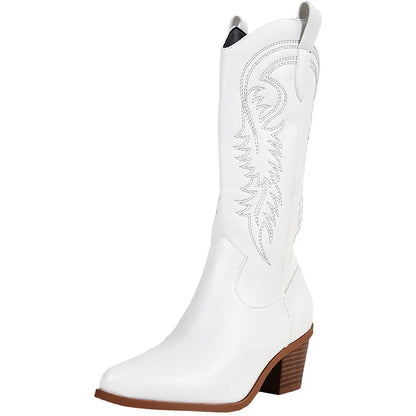 Cowboy Heel Boots with Leaf Embroidery