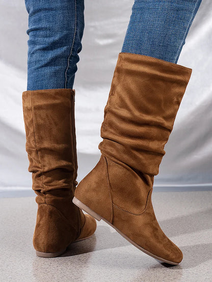 Womens Boots Suede Pleated Flock Fuzzy Low-heeled Boots for Women Solid Color Elegant Mid-Calf Boots