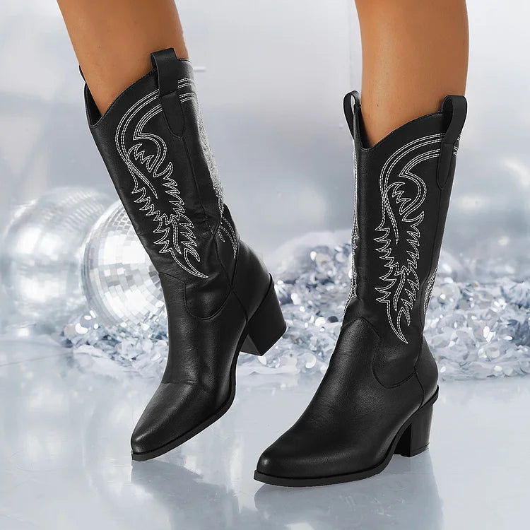 Cowboy Heel Boots with Leaf Embroidery