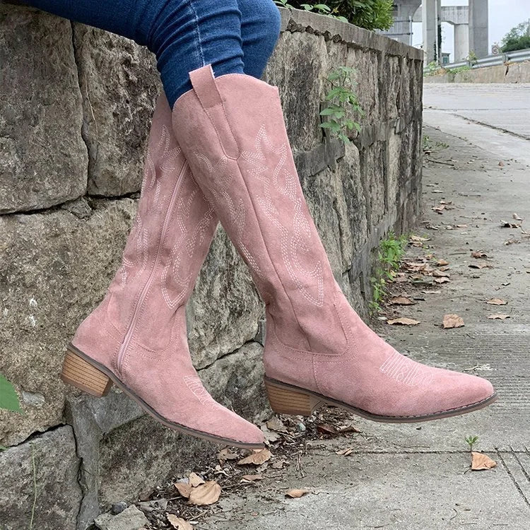 Suede Cowboy Boots with Embroidery