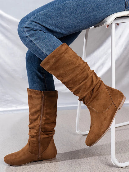 Womens Boots Suede Pleated Flock Fuzzy Low-heeled Boots for Women Solid Color Elegant Mid-Calf Boots
