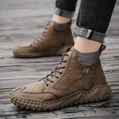 Men Ankle Boots Winter Warm Snow Boots Thick Plush Men Handmade Leather Boots Outdoor Waterproof Work Boots