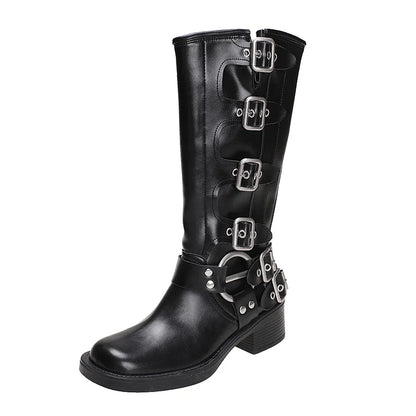 Women's Calf Buckle PU Round Toe Retro Western Gothic Boots