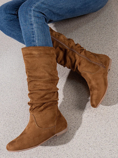 Womens Boots Suede Pleated Flock Fuzzy Low-heeled Boots for Women Solid Color Elegant Mid-Calf Boots
