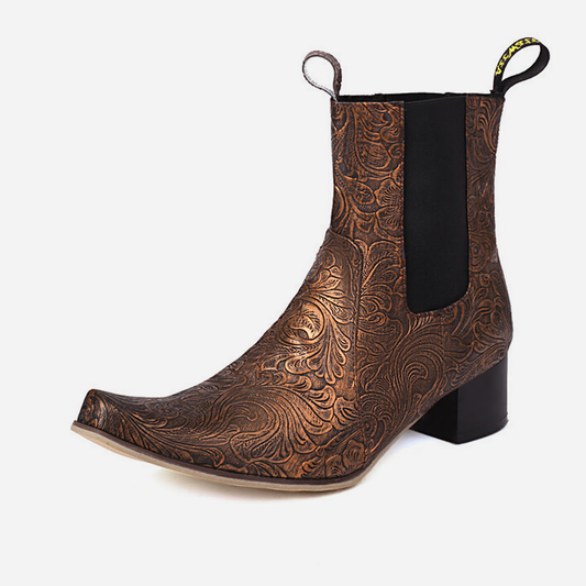 Women's Fashion Retro Flower Chunky Heel Martin Boots