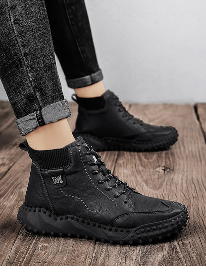 Men Ankle Boots Winter Warm Snow Boots Thick Plush Men Handmade Leather Boots Outdoor Waterproof Work Boots