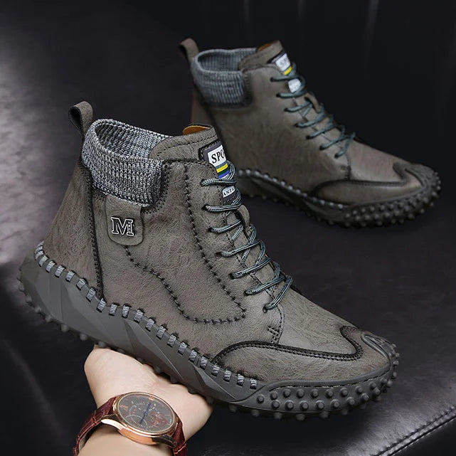 Men Ankle Boots Winter Warm Snow Boots Thick Plush Men Handmade Leather Boots Outdoor Waterproof Work Boots
