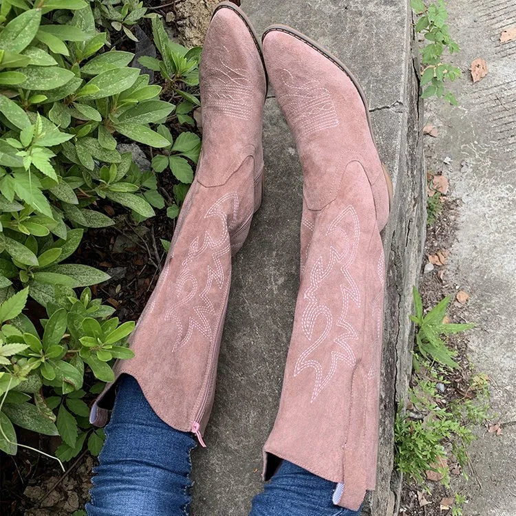 Suede Cowboy Boots with Embroidery