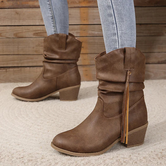 Women's Pleated Tassel High Heel Mid-calf Length Loose Socks Boots