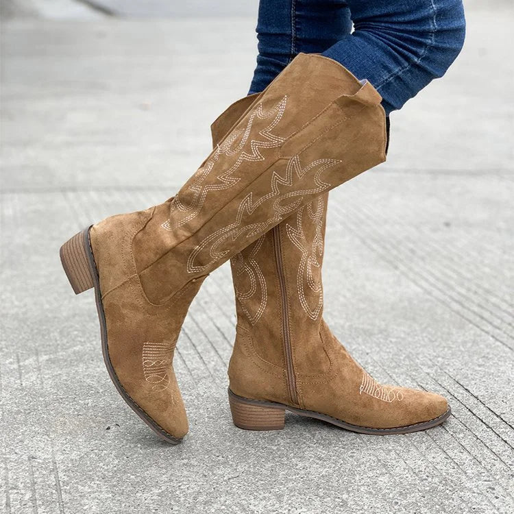 Suede Cowboy Boots with Embroidery