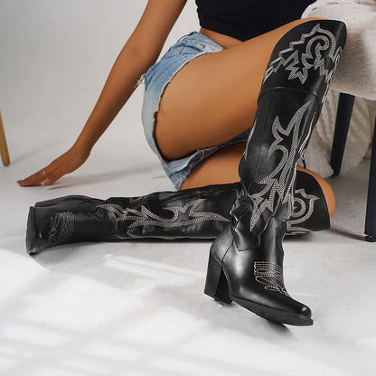 Retro Resort Embroidered Chunky Heel Cowboy Westem Fashion Boots For Women