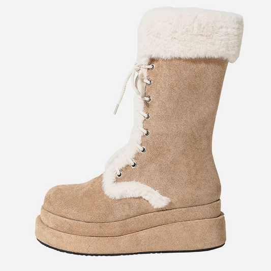 Women's Retro Thick-Soled Velvet Warm Mid-Calf Lace-Up Boots
