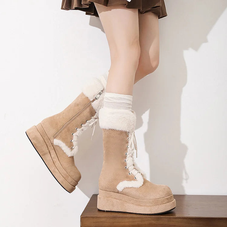Women's Retro Thick-Soled Velvet Warm Mid-Calf Lace-Up Boots