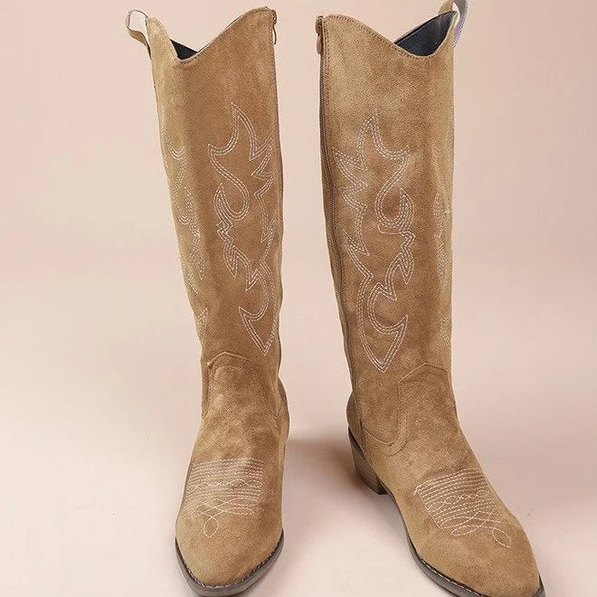 Suede Cowboy Boots with Embroidery