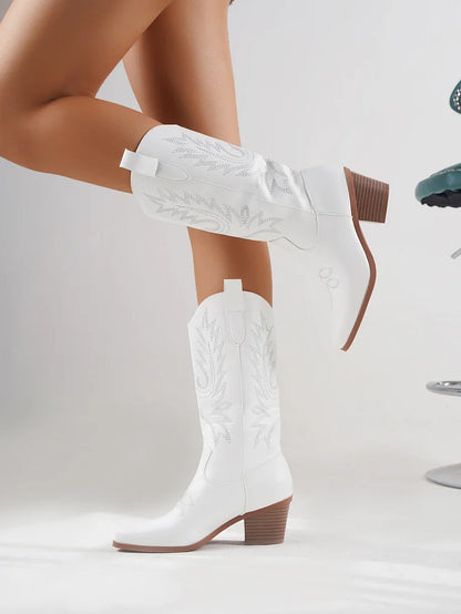Cowboy Heel Boots with Leaf Embroidery