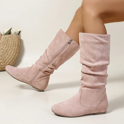 Womens Boots Suede Pleated Flock Fuzzy Low-heeled Boots for Women Solid Color Elegant Mid-Calf Boots