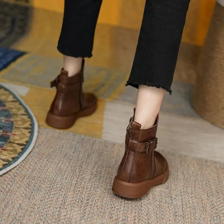 Retro Flat Ankle Short Plush Women Leather Boots