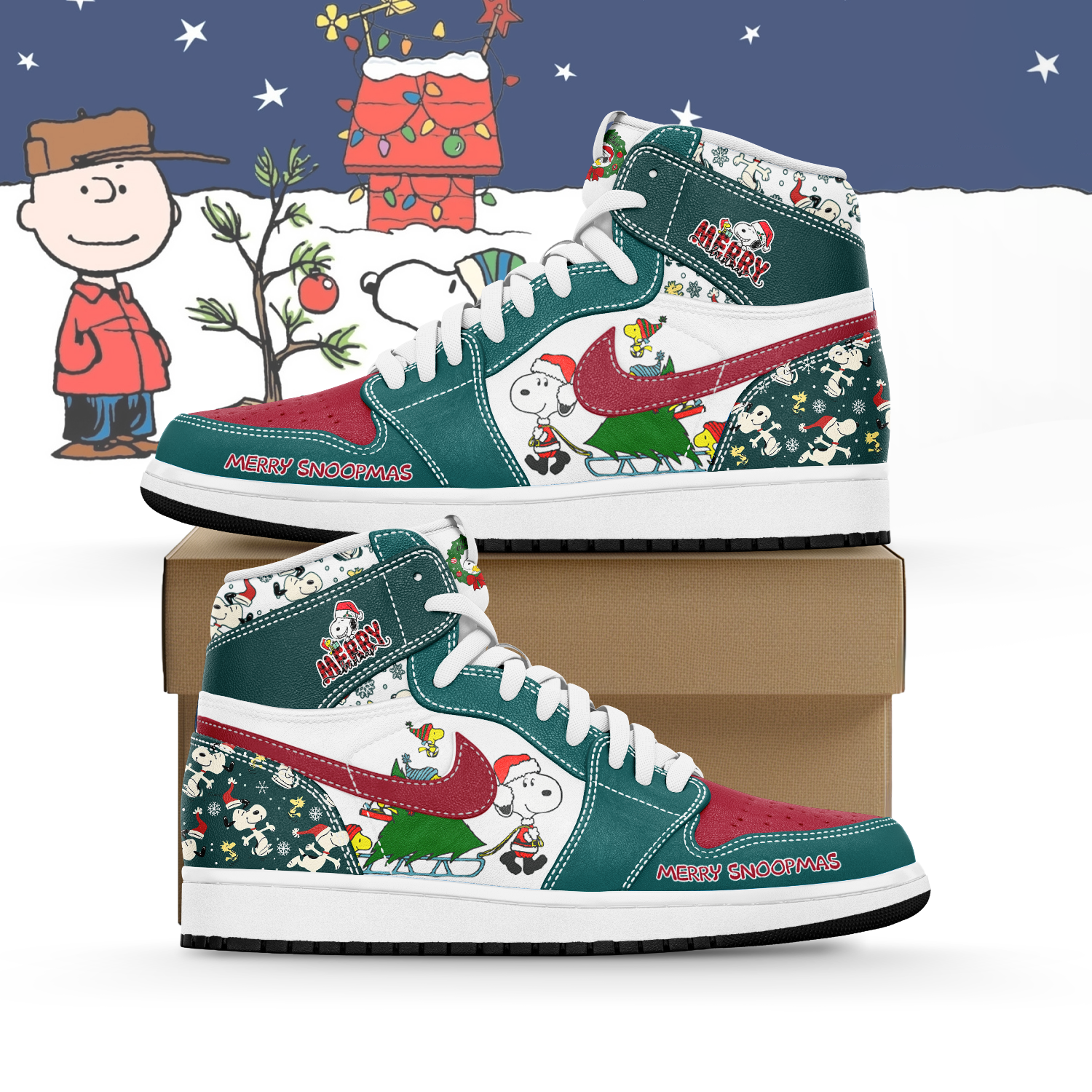 Footwearstorm Snoopy x Christmas AJ1 High Sneakers Shoes For Men And Women 1